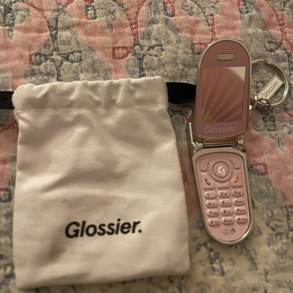 Glossier Pink & Silver Logo Keychain Charm with White Drawstring Pouch - Picture 2 of 2